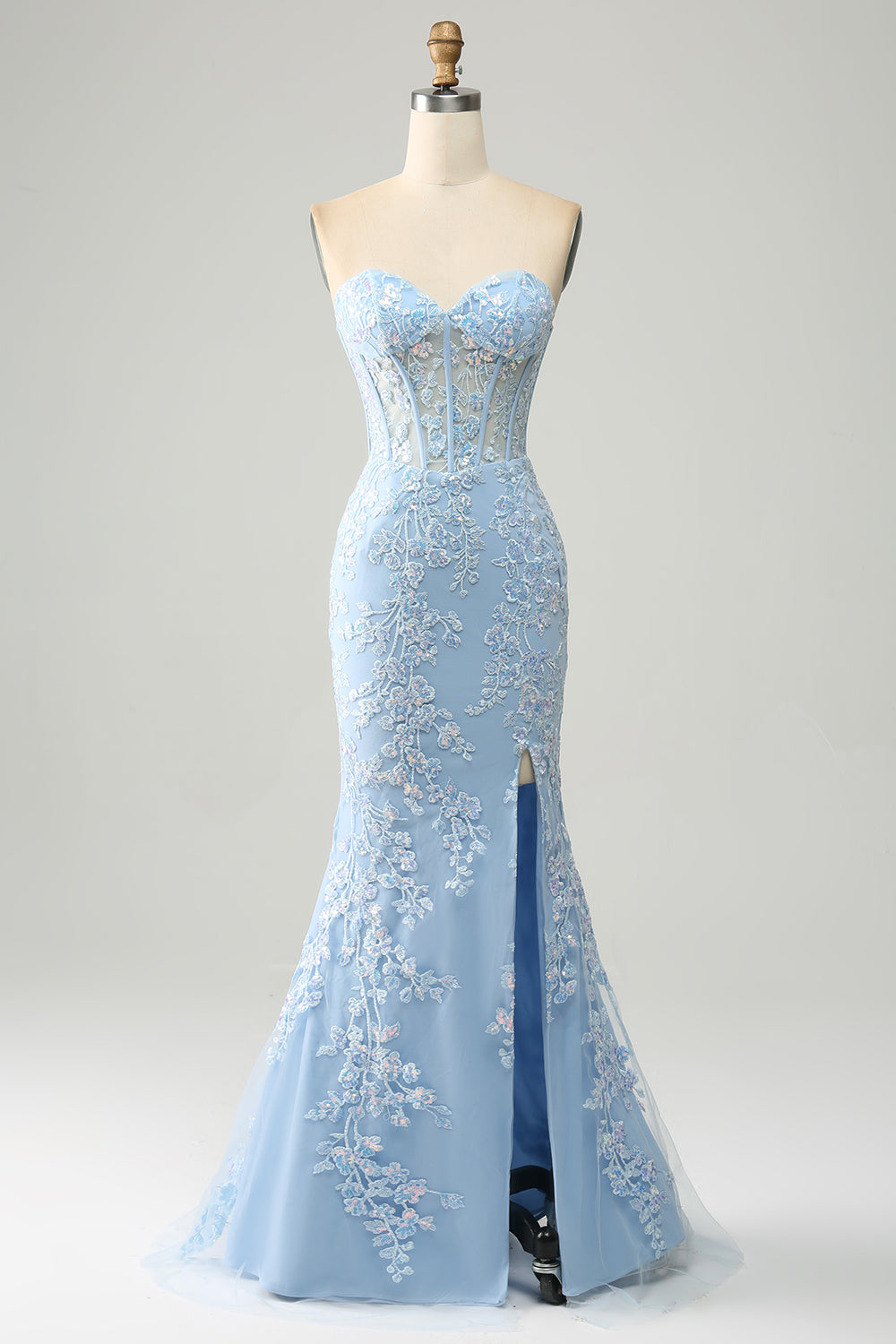 Light Blue Mermaid Sweetheart Long Corset Appliqued Prom Dress With Slit