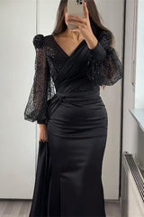 Sequins V-Neck Long Sleeves Mermaid Split Evening Dress with Ruffle