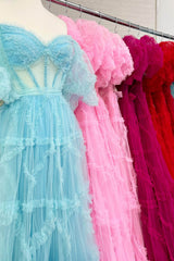 A Line Off the Shoulder Pink Tulle Corset Prom Dress with Bowknot