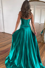 Dark Green Corset A-Line Satin Long Prom Dress with Slit