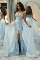 Sparkly Light Blue A Line Long Corset Prom Dress With Slit