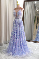 Lilac A Line Backless Long Prom Dress With Appliques