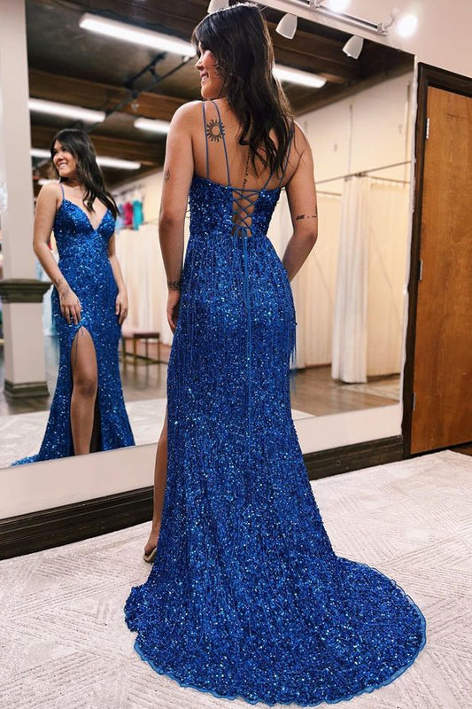 Long Sequins Evening Dress V Neck Tassel with High Slit