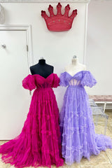 A Line Off the Shoulder Pink Tulle Corset Prom Dress with Bowknot