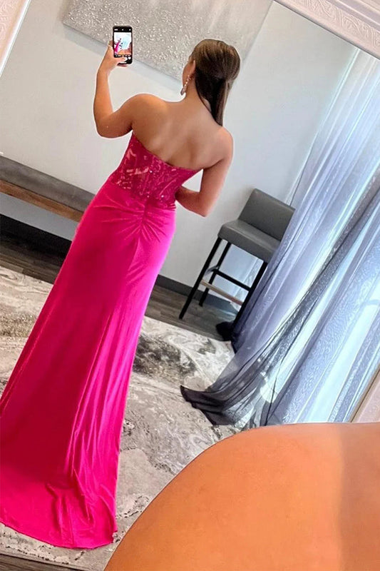 Sparkly Hot Pink Corset Long Prom Dress with Slit