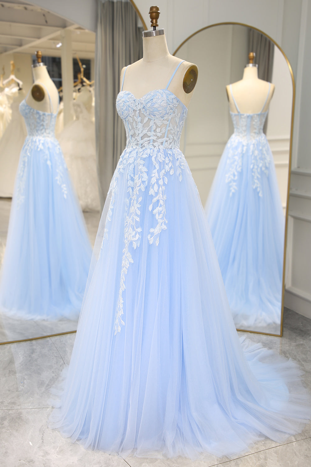 Sky Blue Long Corset Appliqued Prom Dress With Slit