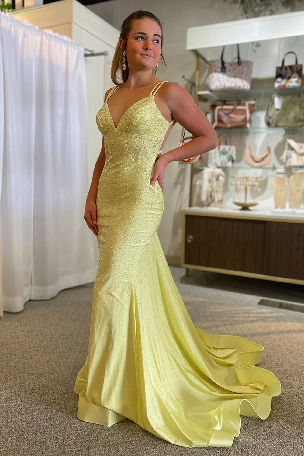 Sparkly Mermaid Spaghetti Straps Yellow Sequins Long Prom Dress