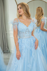 Light Blue A Line Appliqued Long Corset Prom Dress With Feathers