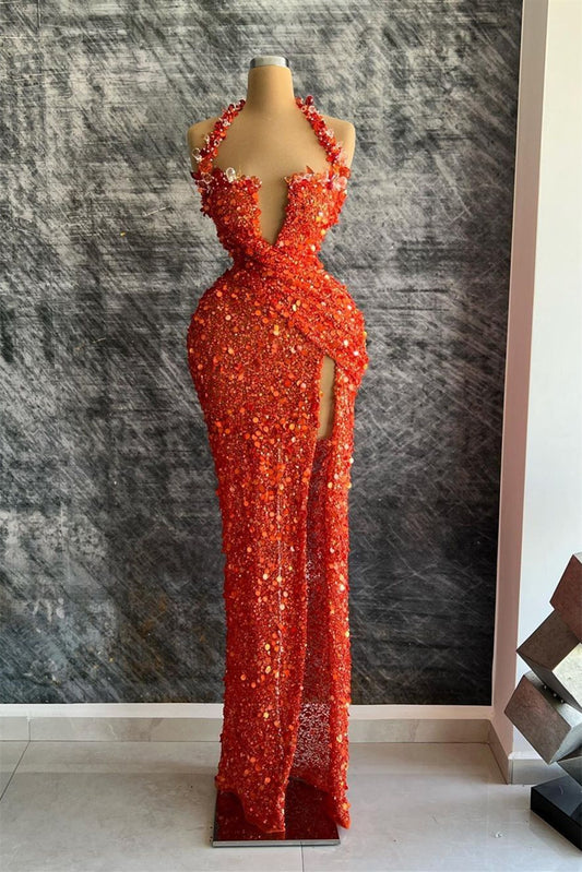 Red Halter Deep V-Neck Mermaid Evening Dress with Rhinestone Slit Sequins