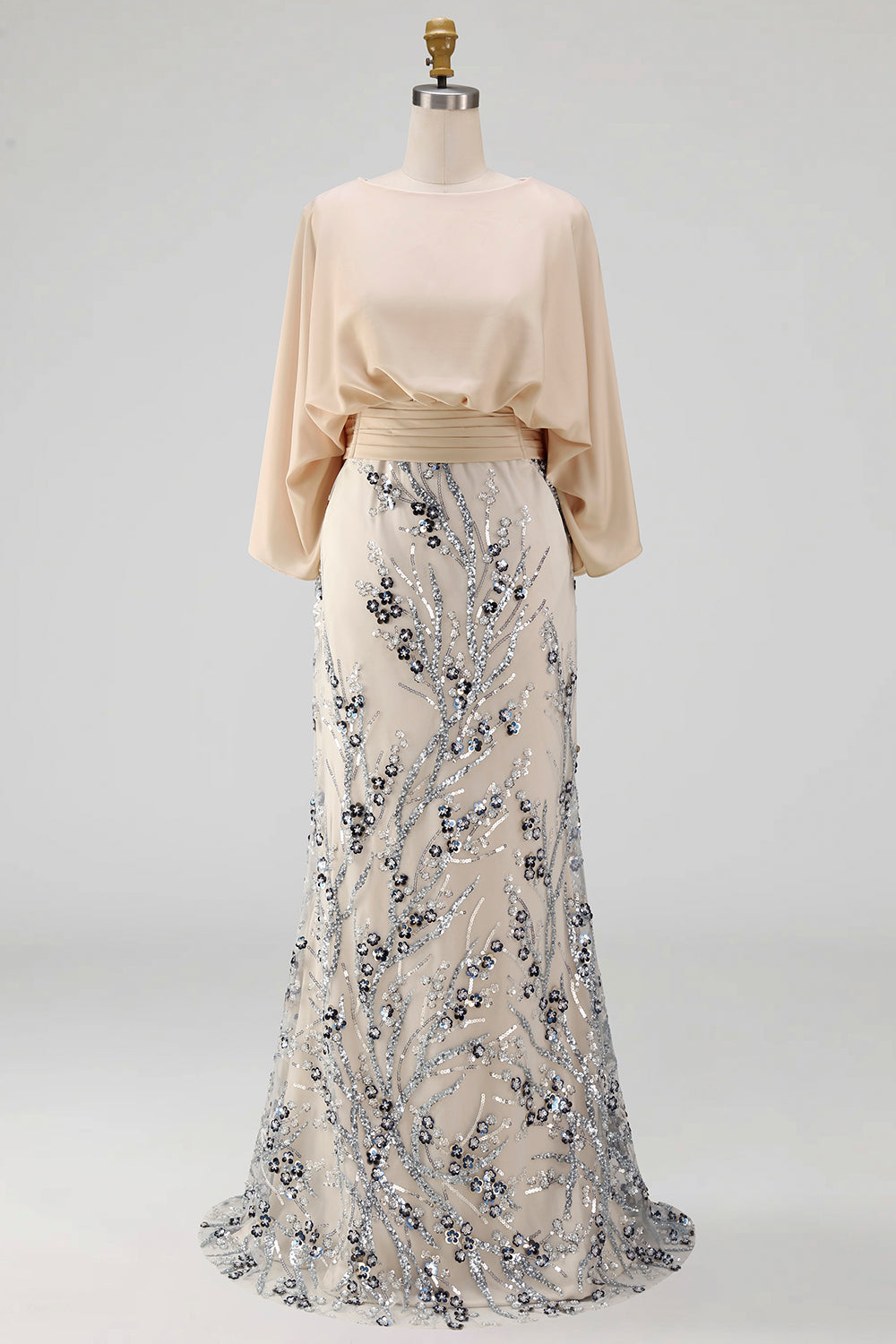 Sparkly Champagne Beaded Floral Mermaid Long Grandmother of the Bride Dress with Pockets
