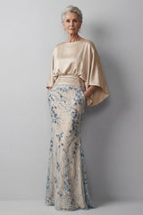 Sparkly Champagne Beaded Floral Mermaid Long Grandmother of the Bride Dress with Pockets