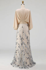 Sparkly Champagne Beaded Floral Mermaid Long Grandmother of the Bride Dress with Pockets
