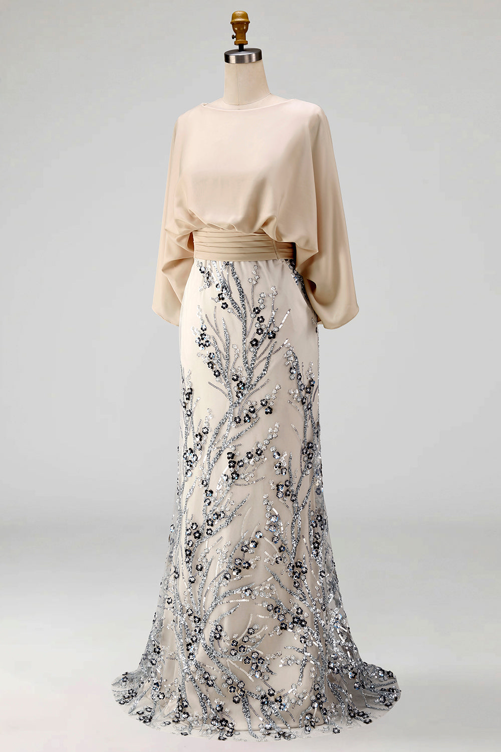 Sparkly Champagne Beaded Floral Mermaid Long Grandmother of the Bride Dress with Pockets