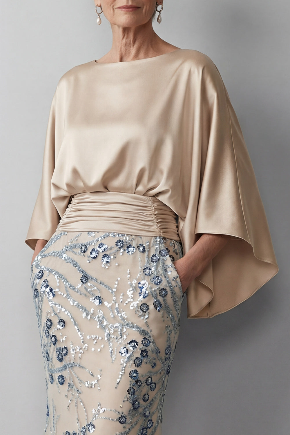 Sparkly Champagne Beaded Floral Mermaid Long Grandmother of the Bride Dress with Pockets