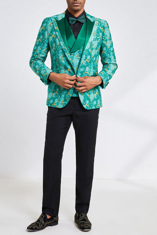 Green Jacquard 3 Piece Peak Lapel Men's Prom Homecoming Suit Blazer Vest Pants