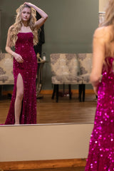 Hot Pink Sheath Sequins Long Prom Dress with Slit