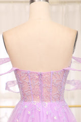 Light Purple A Line Off the Shoulder Long Corset Prom Dress With Slit