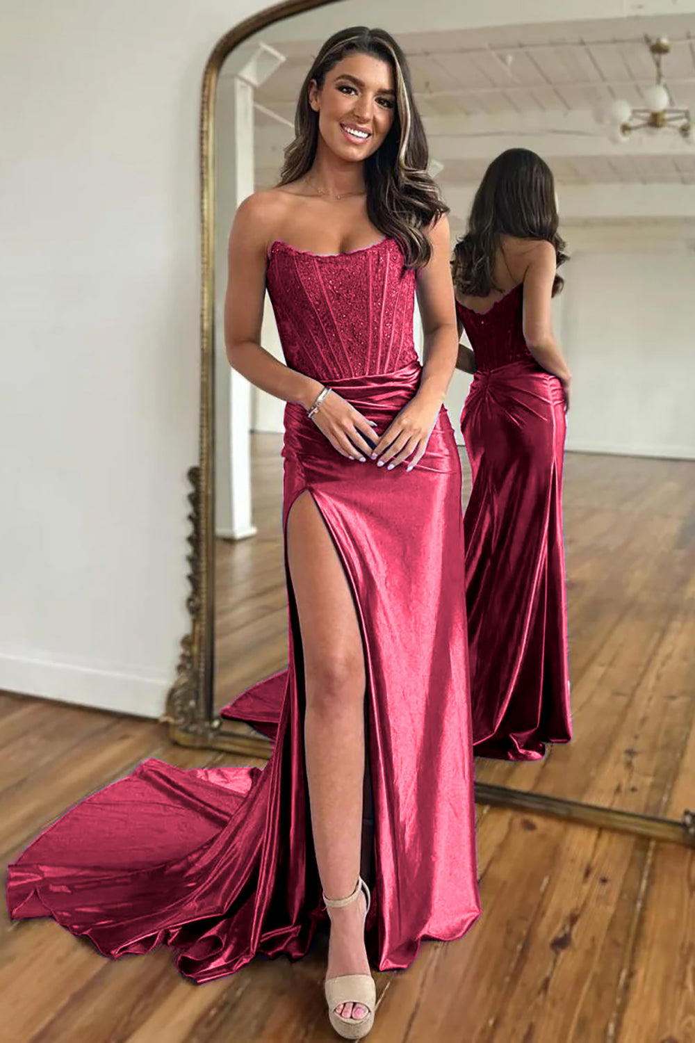 Sparkly Red Sheath Corset Long Prom Dress with Lace