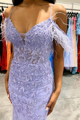 Mermaid Off the Shoulder Lilac Long Prom Dress with Feathers