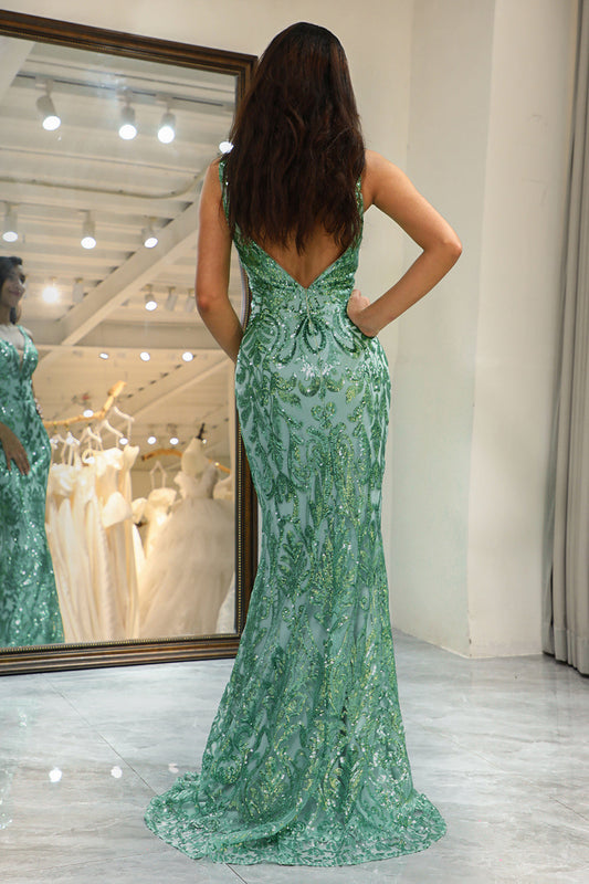 Glitter Green Mermaid Long Appliqued Prom Dress