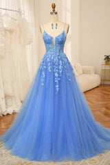 Blue A Line Tulle Long Prom Dress With Appliques