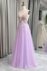 Lilac Tulle A Line Appliques Long Prom Dress With Slit