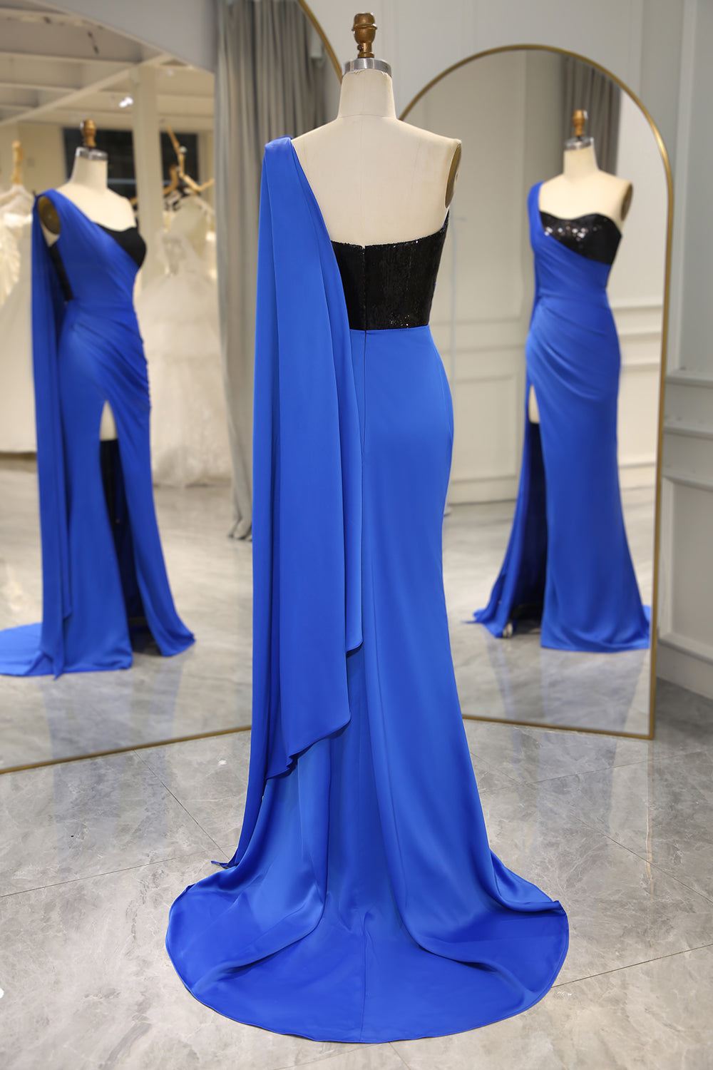 Royal Blue Mermaid One Shoulder Long Prom Dress With Slit