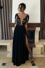 Black Long Sleeve Evening Dress with Split