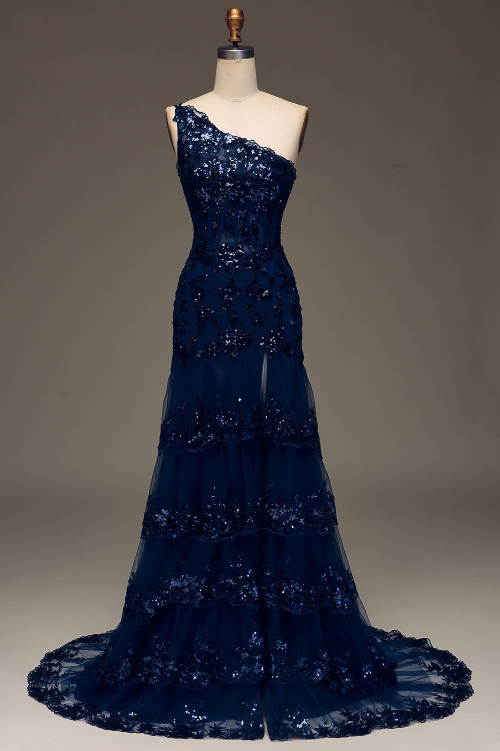 Glitter Dark Navy Tulle Long Corset Prom Dress With Appliques