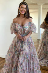 Pink Blue Flower Floral Off the Shoulder Long Prom Dress