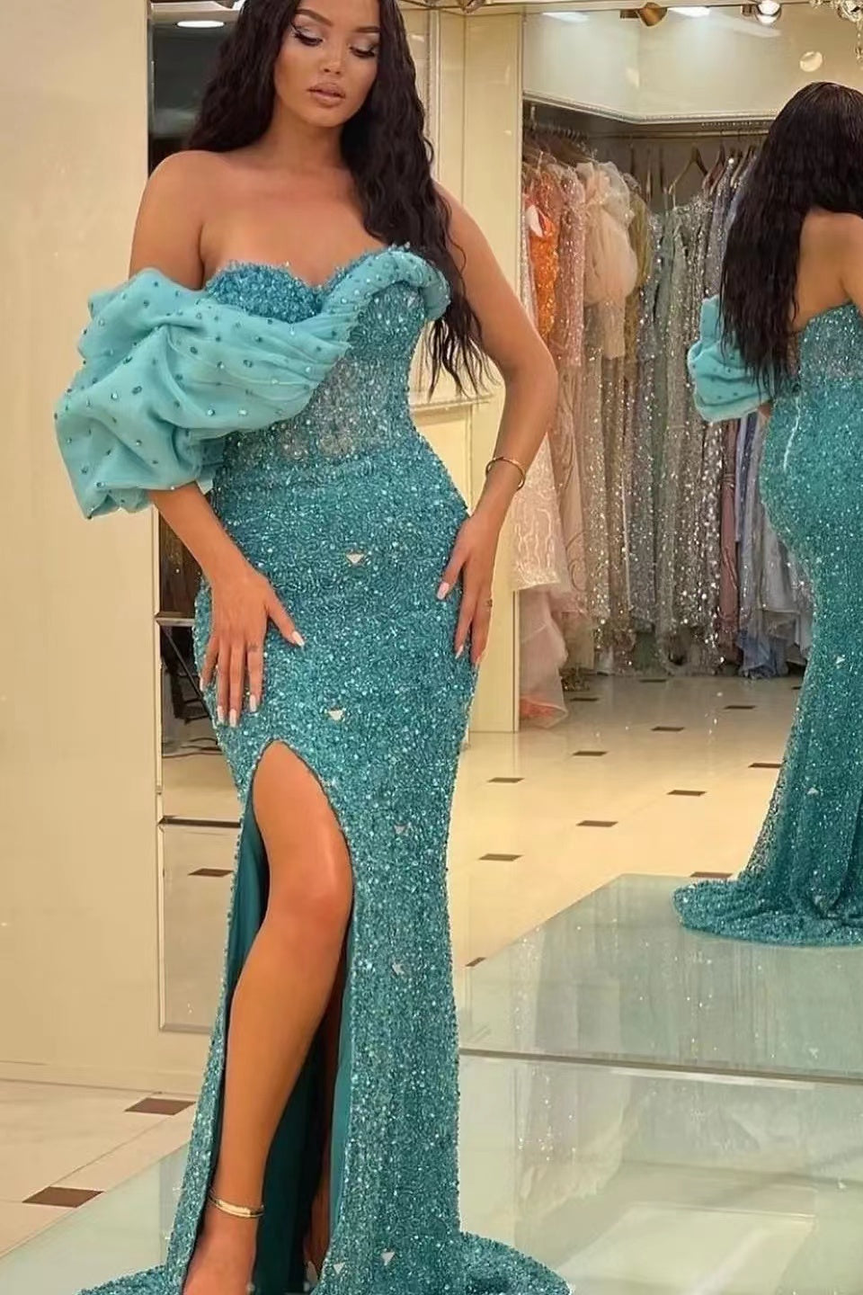 Gorgeous Off-The-Shoulder One Shoulder Sweetheart Mermaid Evening Dress with Sequins