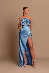 Pink Chic Evening Dress Sleeveless Strapless with Side Slit Pleats