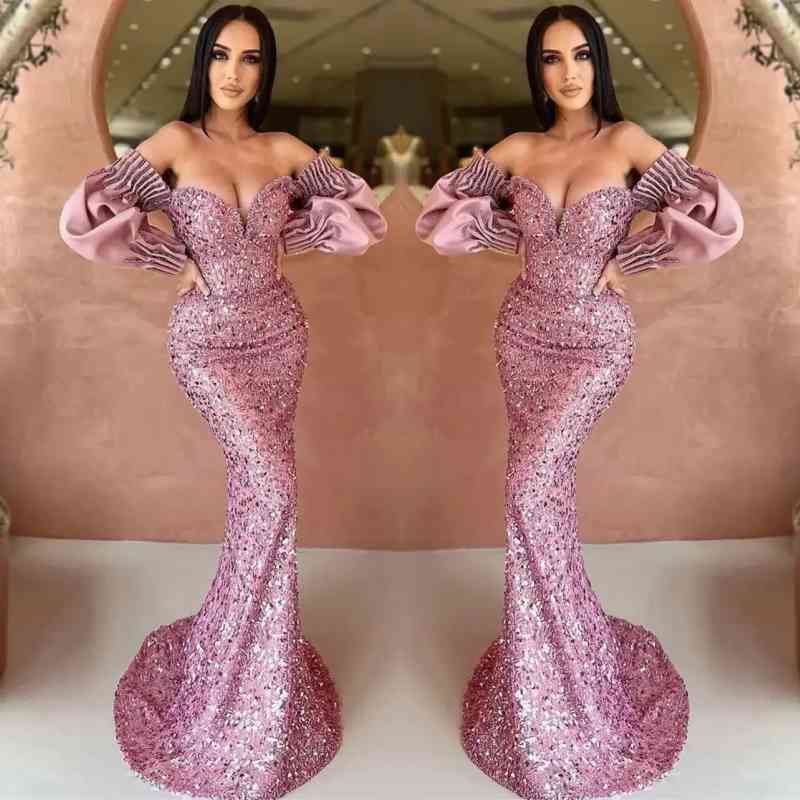 Off-The-Shoulder Mermaid Long Sleeve Evening Dress with Sequins