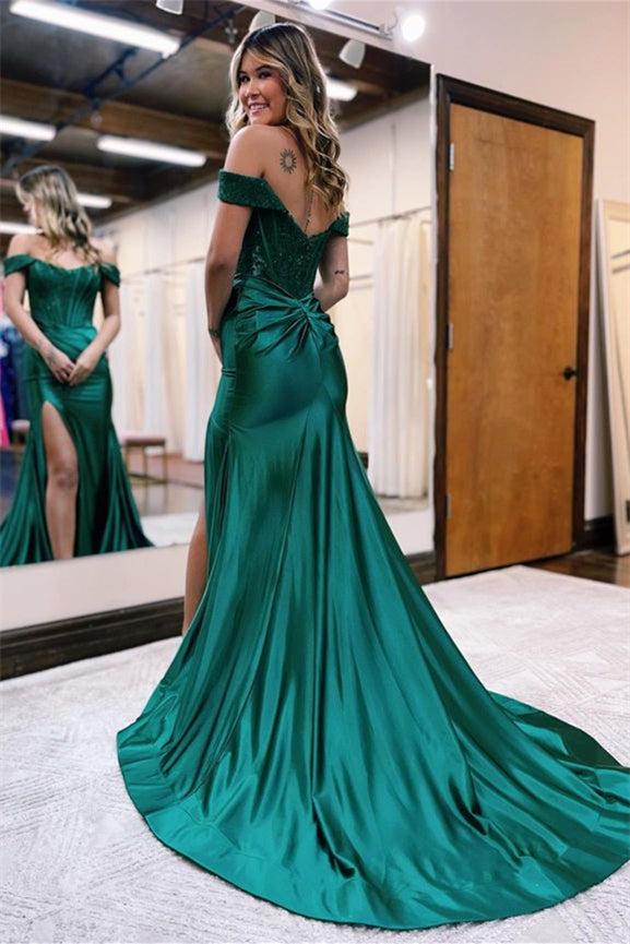 Elegant Sequins Off-The-Shoulder Evening Dress with Pleated Slit