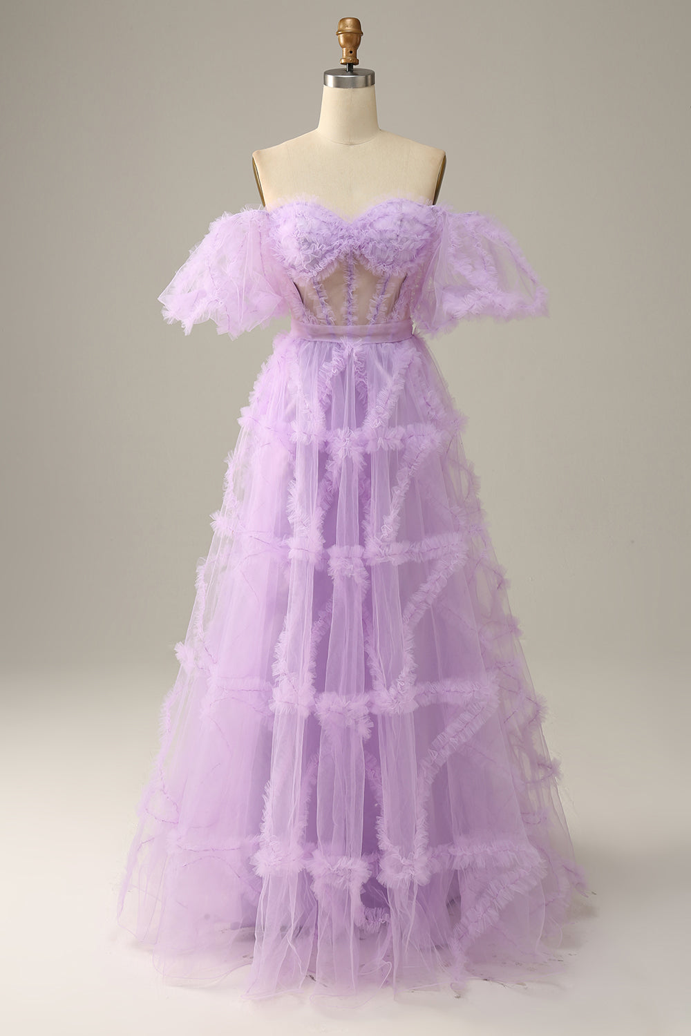 Fuchsia A Line Off the Shoulder Tulle Corset Prom Dress with Bowknot