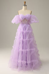 Fuchsia A Line Off the Shoulder Tulle Corset Prom Dress with Bowknot