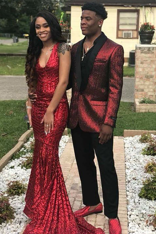 Dazzling Red Sequins One-Button Men's Prom Blazer