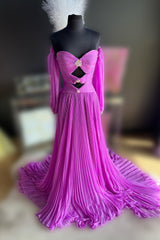 Pink Detachable Sleeves Cut-Out Long Prom Dress with Beading