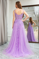 Lilac Tulle A Line Backless Appliqued Long Corset Prom Dress With Slit