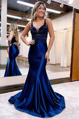 Royal Blue Appliques V Neck Long Mermaid Evening Dress