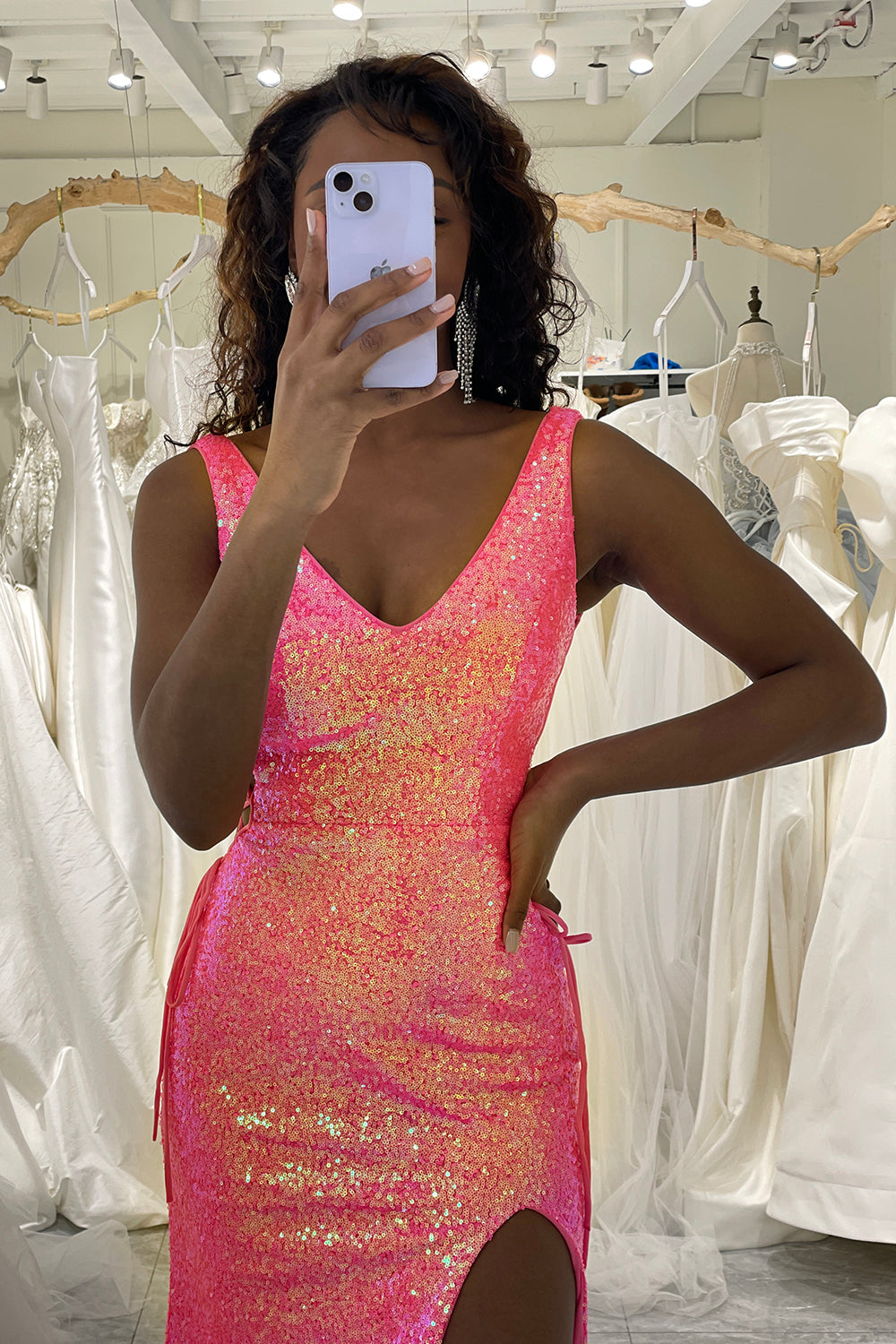 Sparkly Hot Pink Mermaid Long Prom Dress With Slit