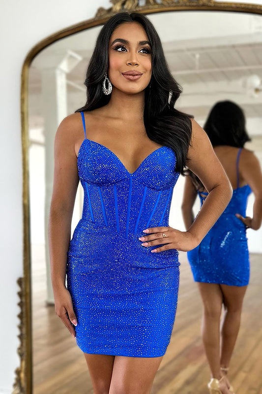 Royal Blue Beaded Graduation Dress Corset Spaghetti Straps Cocktail Dress