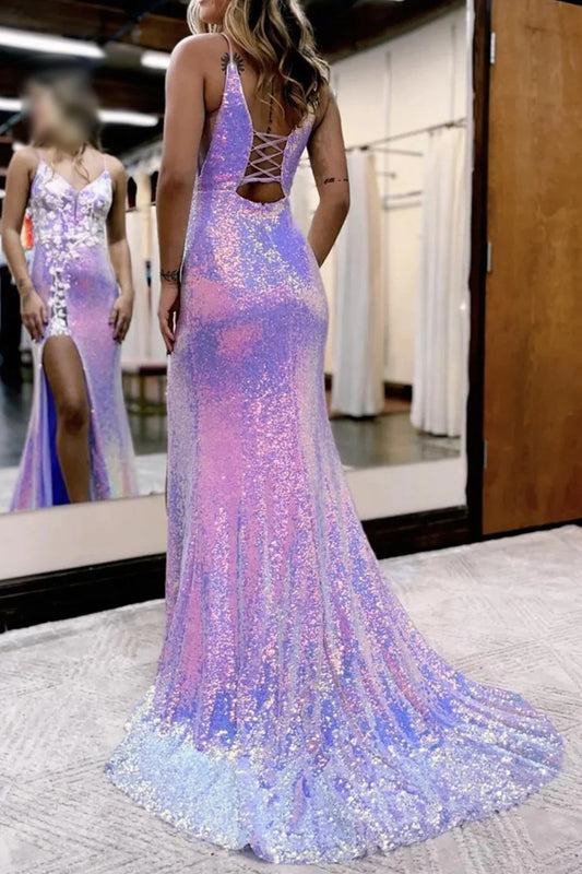 Sparkly Purple Lace-Up Back Mermaid Sequins Long Prom Dress with Slit