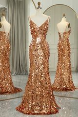 Glitter Golden Beaded Sequins Mermaid Long Prom Dress With Slit