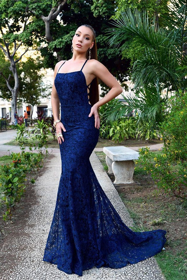 Navy Blue Lace Mermaid Evening Dress