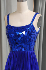 Glitter Royal Blue A Line Long Mirror Prom Dress With Slit