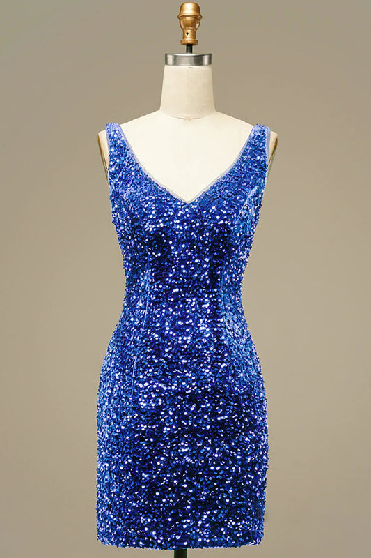 Sparkly Royal Blue V-Neck Open Back Sequins Tight Short Homecoming Dress