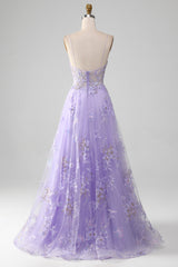 Elegant Purple A Line Tulle Long Appliqued Prom Dress