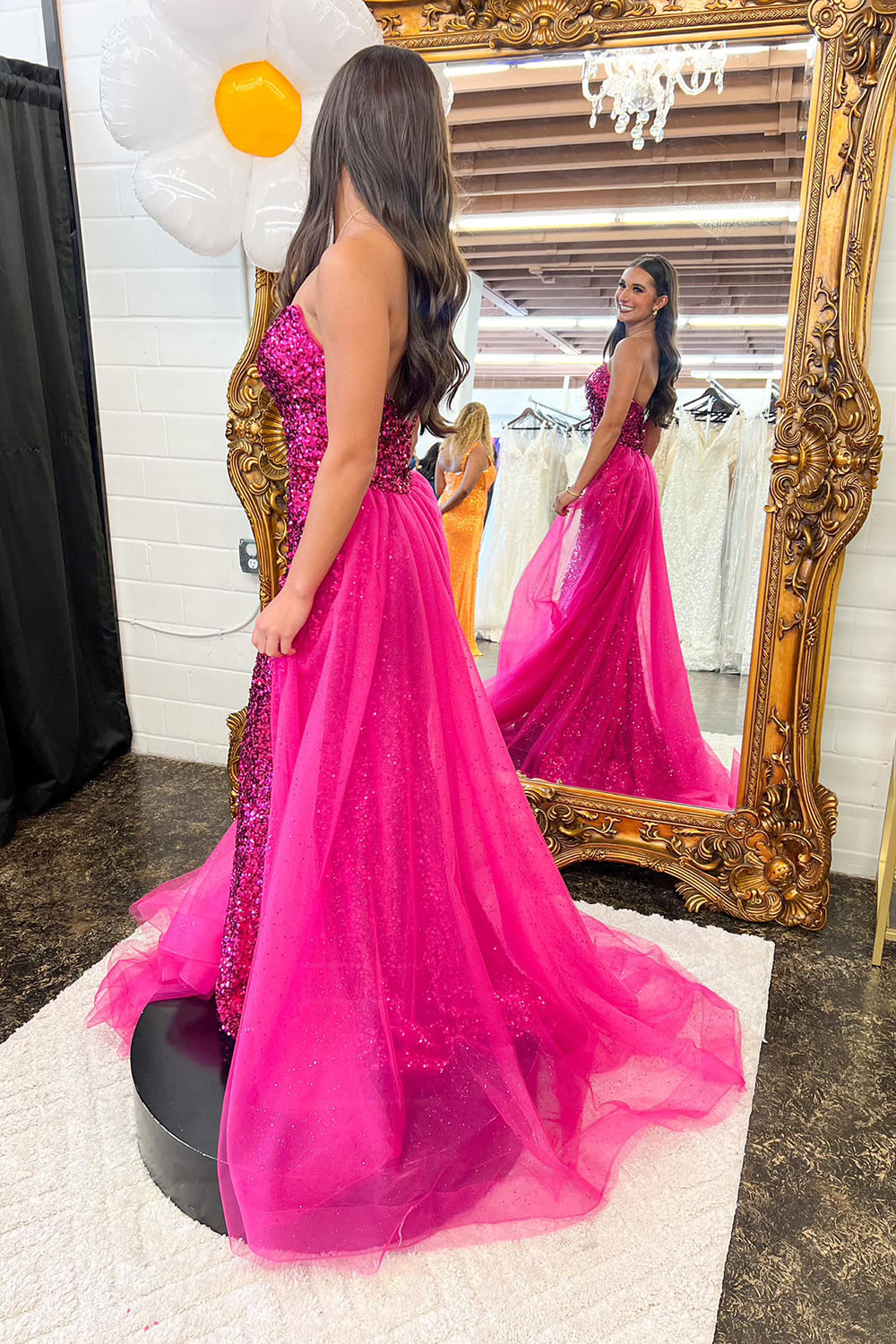 Sparkly Hot Pink Detachable Train Sequins Long Prom Dress