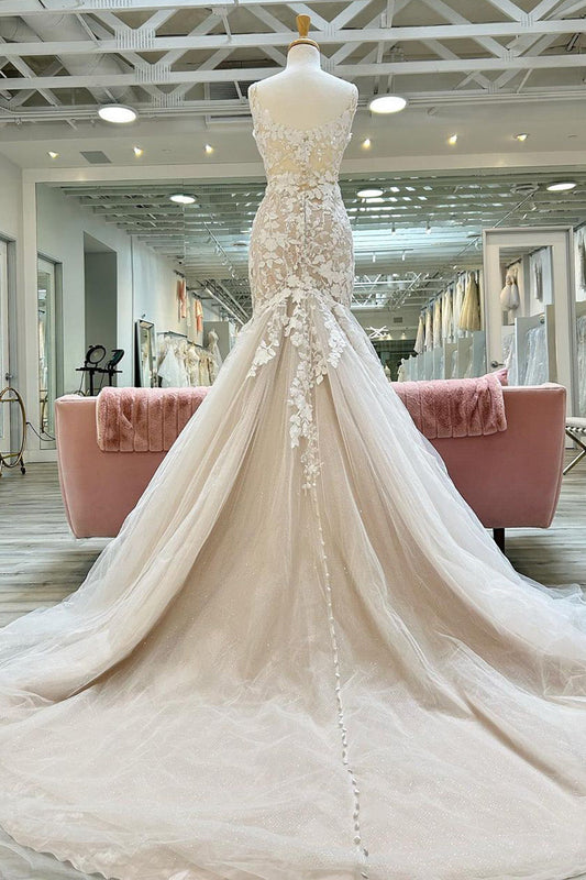 Unique Champagne V-Neck Asymmetrical Mermaid Wedding Dress with Appliques